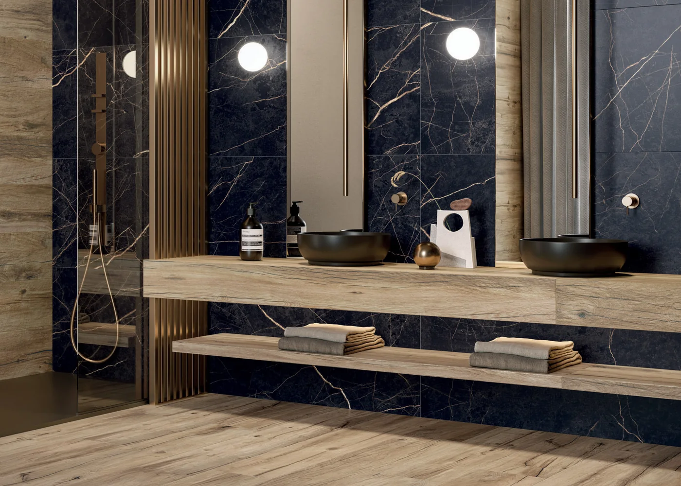 Flaviker badkamer met Supreme Noir Laurent marmerlooktegels
