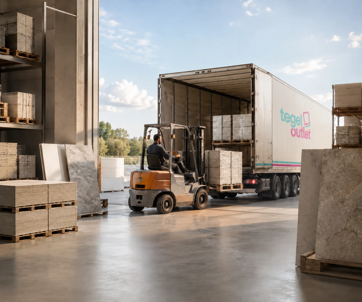 Vrachtwagen met pallets keramische tegels wordt gelost bij Tegeloutlet