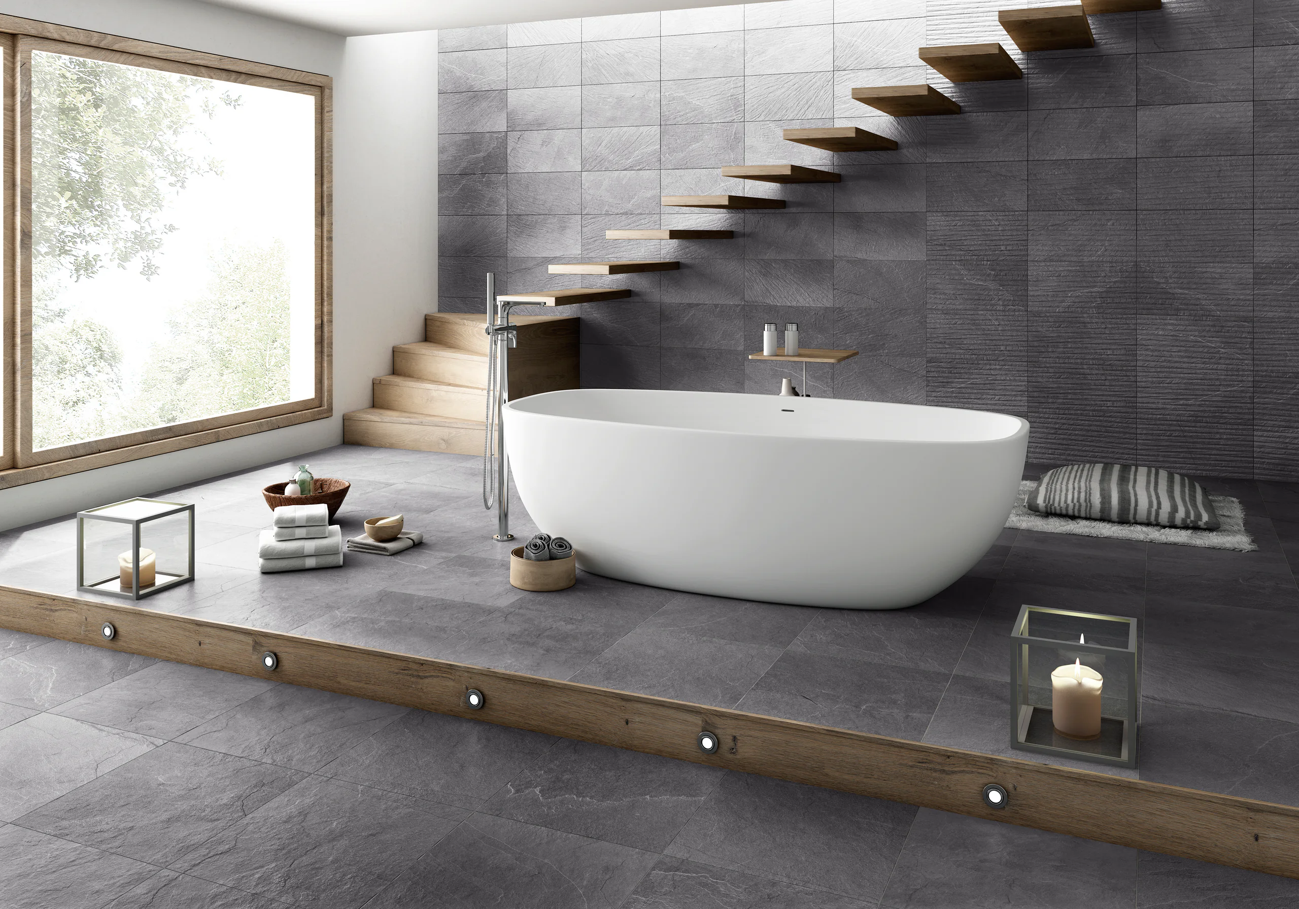 Argenta Dorset Cloud vloer en Lined Cloud wandtegels in een badkamer