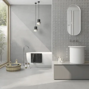 Argenta Gravel Grey vloer- en wandtegels met Gravel Square Grey accentwand in een badkamer