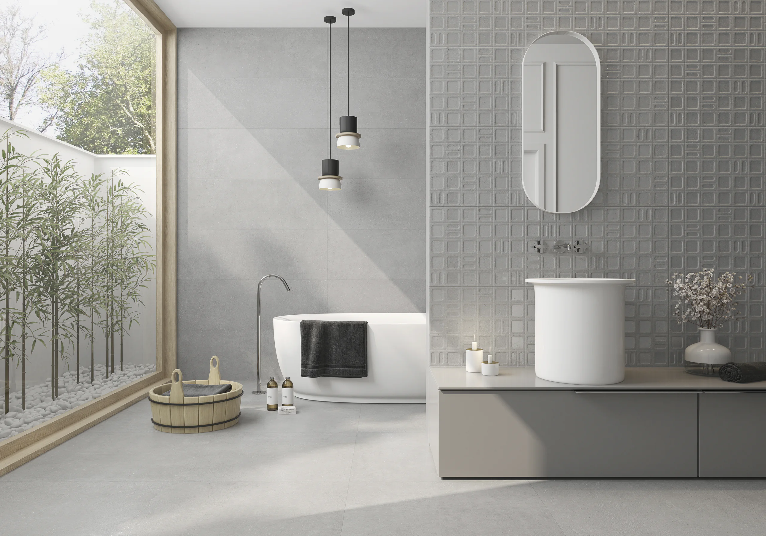 Argenta Gravel Grey vloer- en wandtegels met Gravel Square Grey accentwand in een badkamer