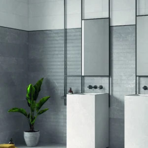 Argenta Storm Grey vloertegels 60×60 met Storm Wall Grey en Storm Block Grey wandtegels 25×75 in een badkamer