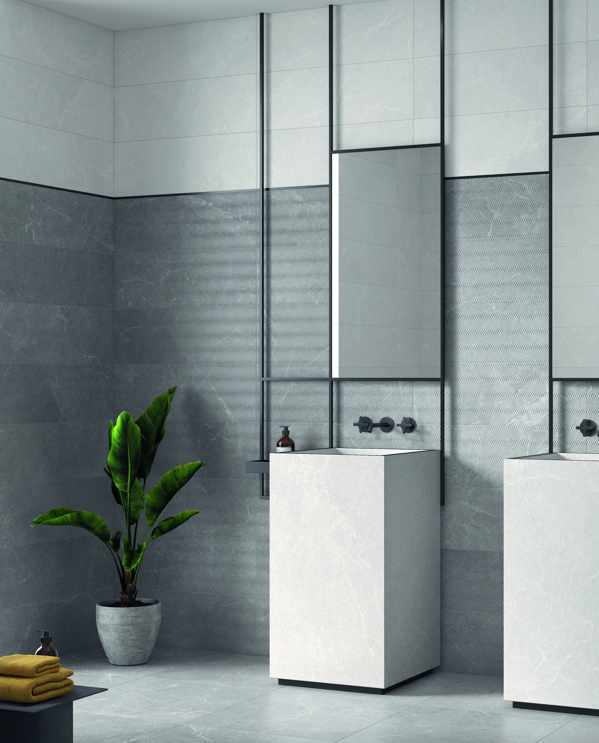 Argenta Storm Grey vloertegels 60×60 met Storm Wall Grey en Storm Block Grey wandtegels 25×75 in een badkamer