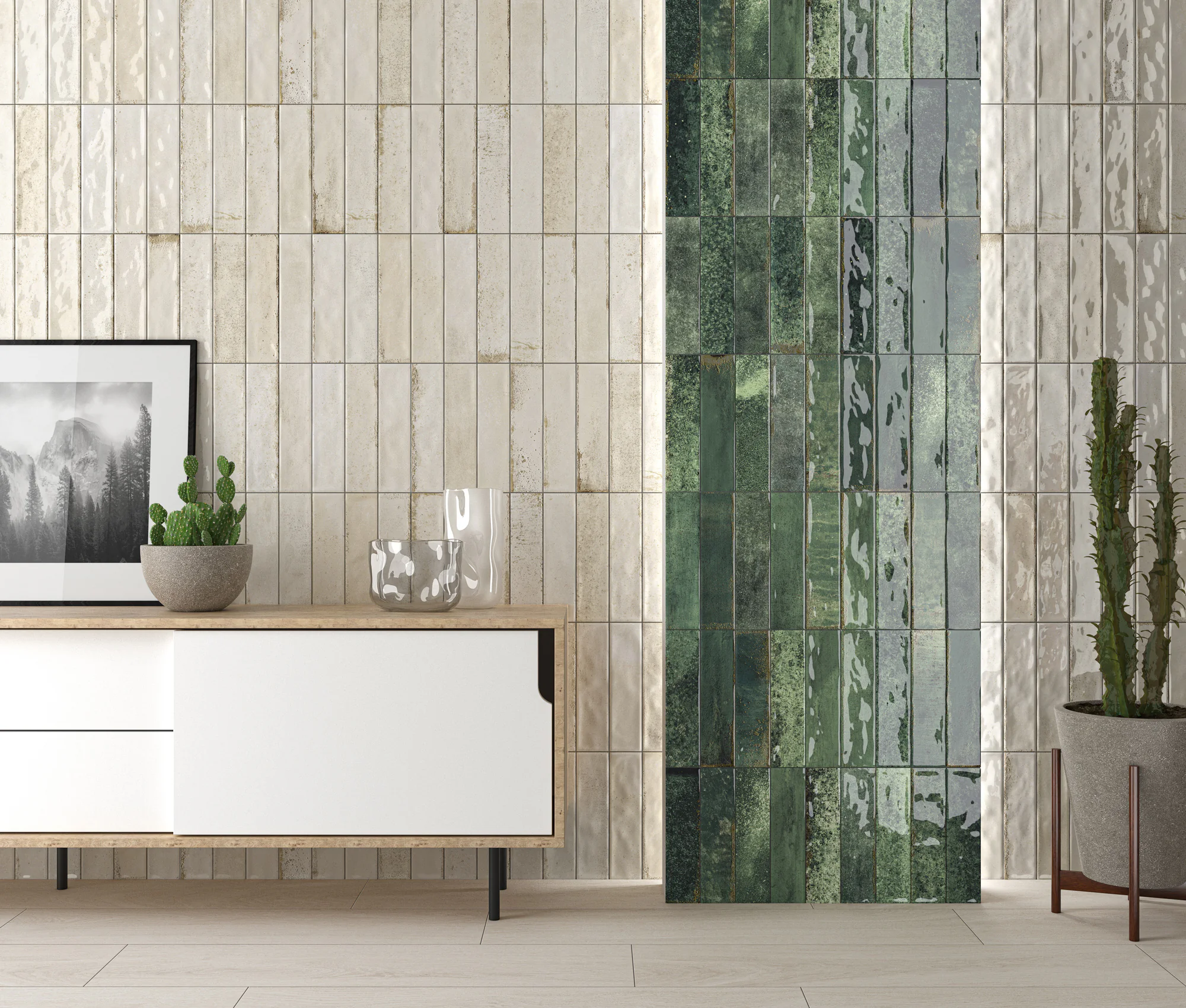 Ecoceramic Asly Beige en Green glanzende wandtegels in een leefruimte