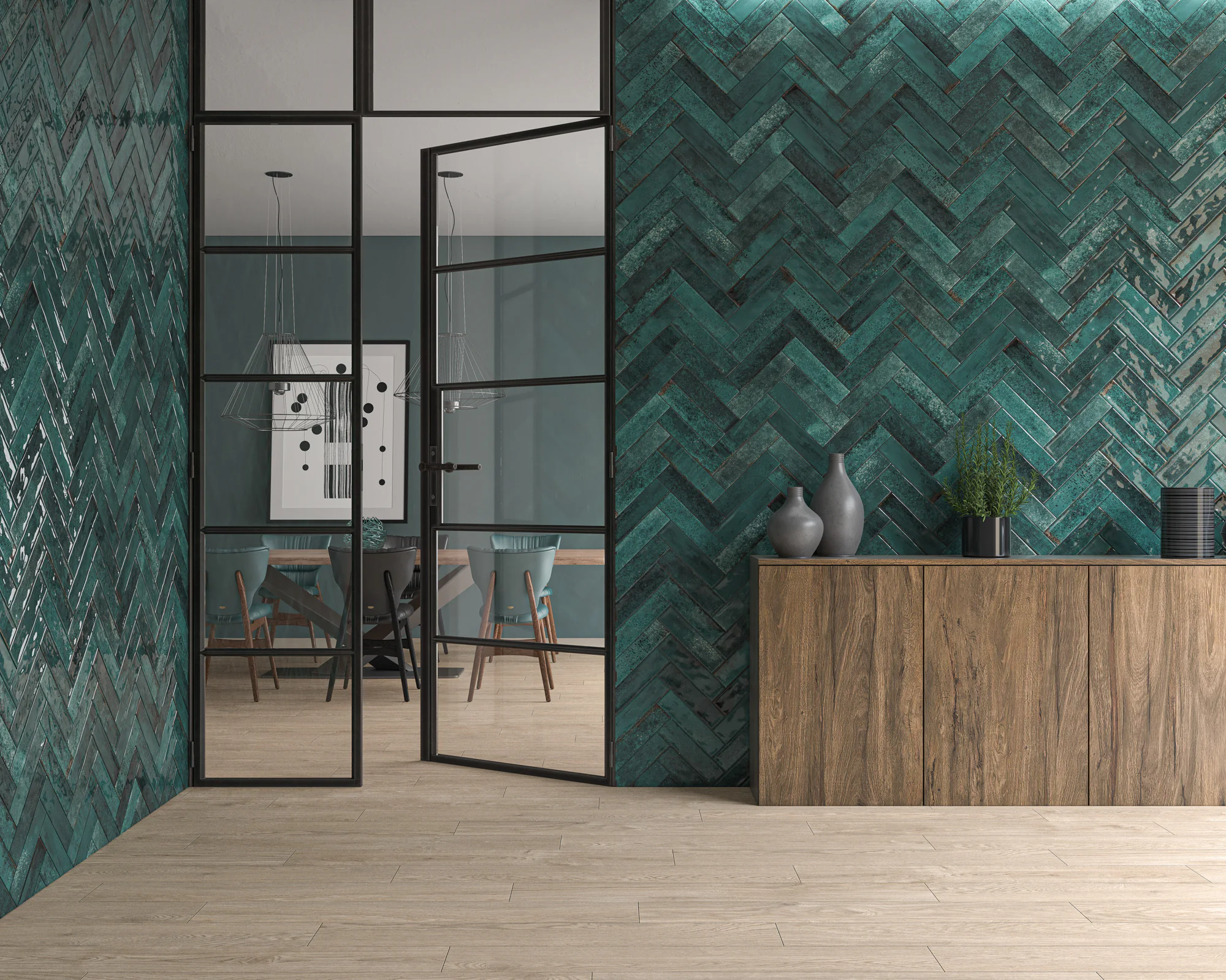 Ecoceramic Asly Blue glanzende wandtegels in visgraat