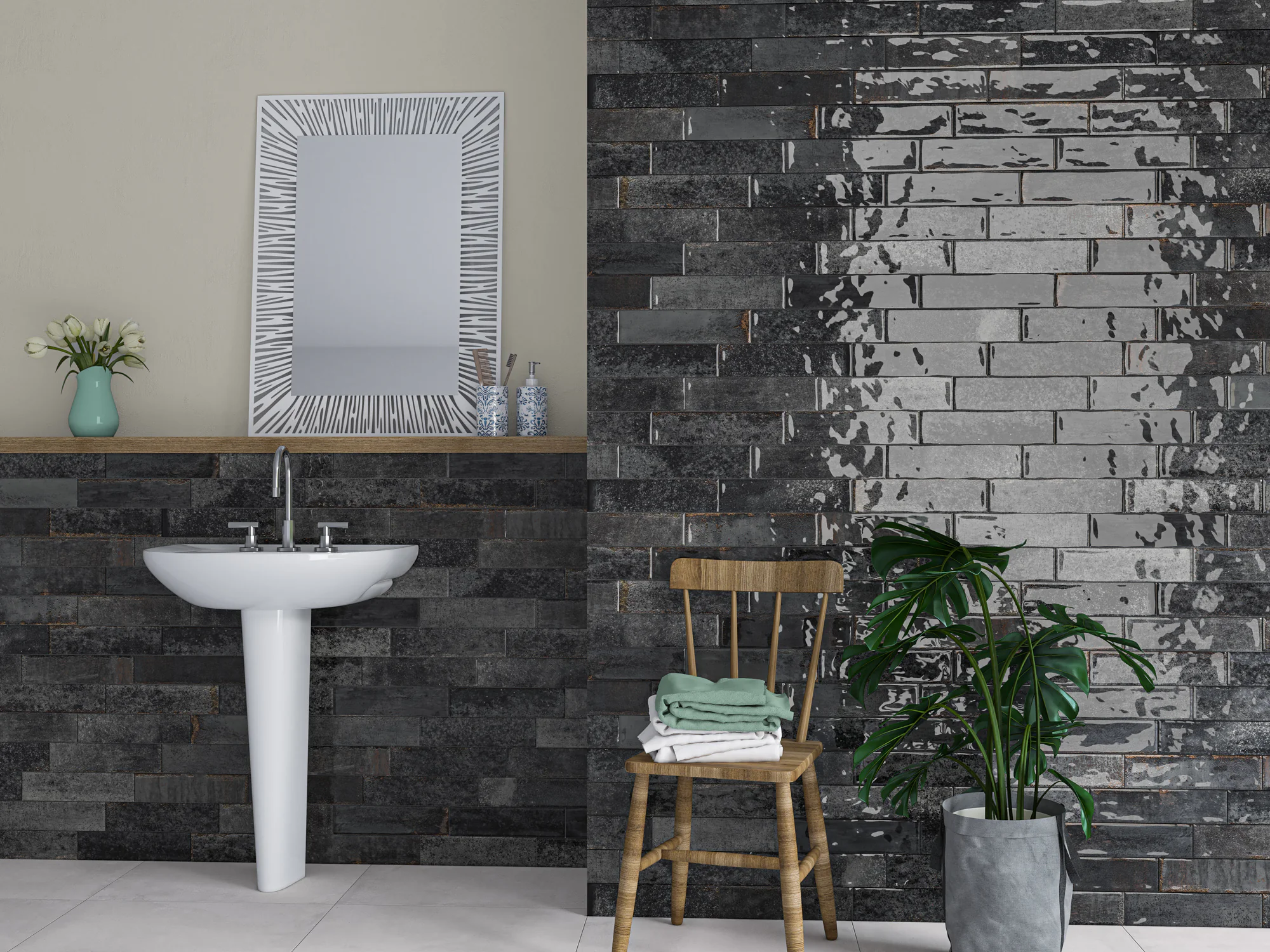 Ecoceramic Asly Black glanzende wandtegels in een badkamer