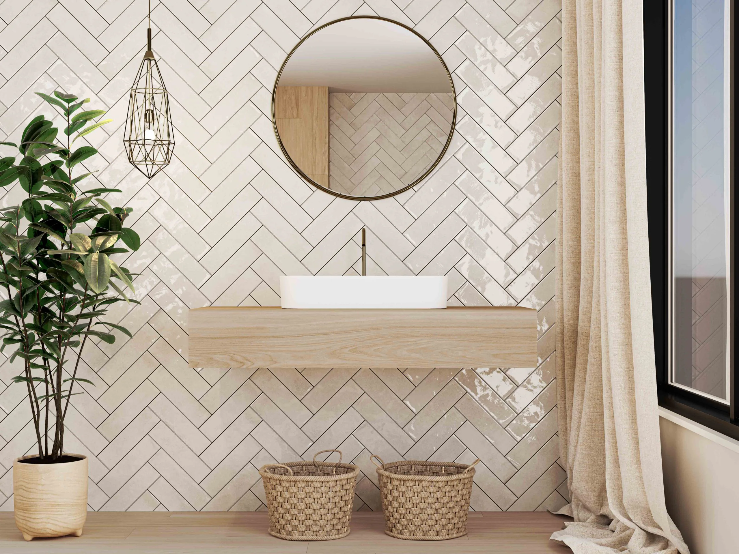 Ecoceramic Harlequin Bianco glanzende wandtegels in visgraat in een badkamer