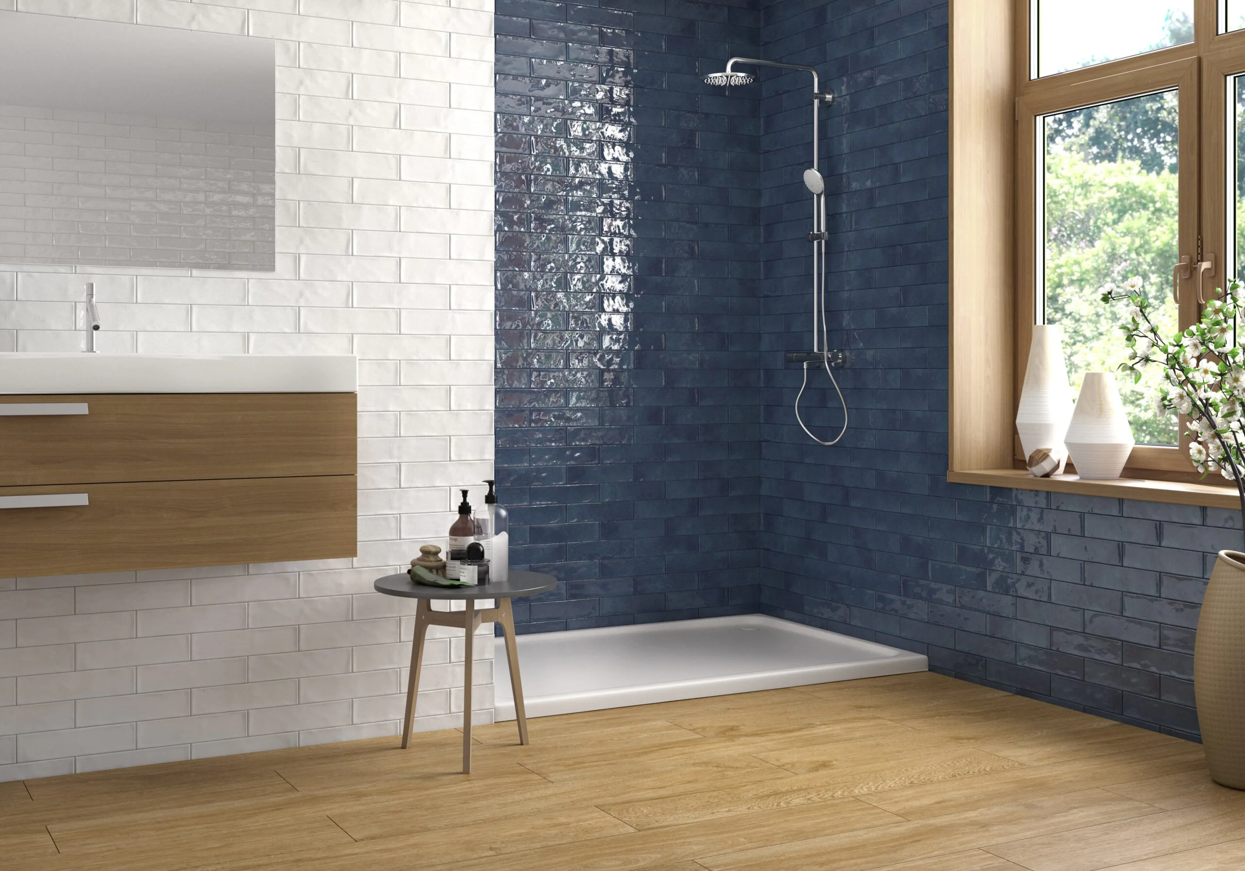 Ecoceramic Harlequin Bianco en Lagoon glanzende wandtegels in een badkamer