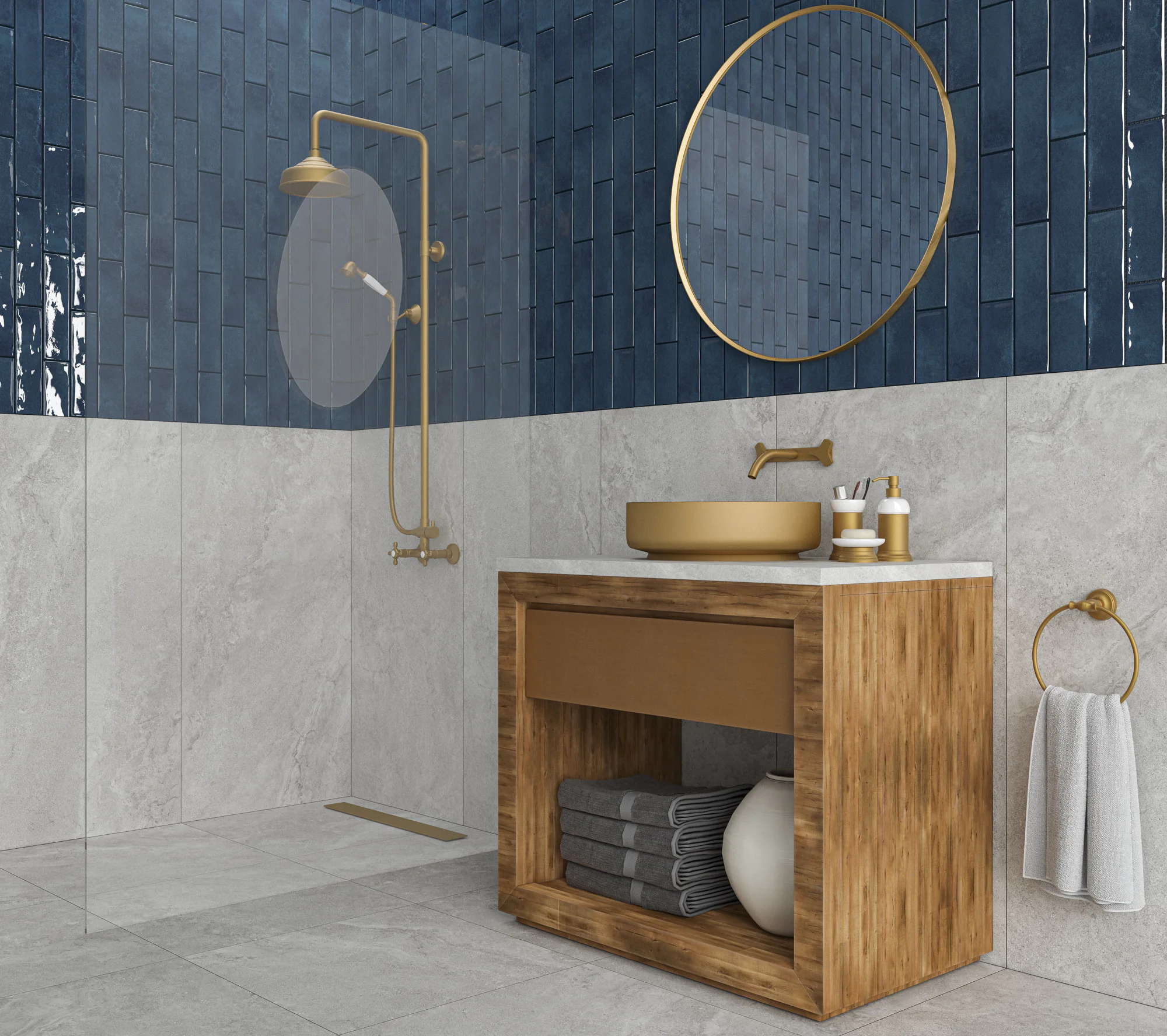 Ecoceramic Harlequin Lagoon glanzende wandtegels in een badkamer