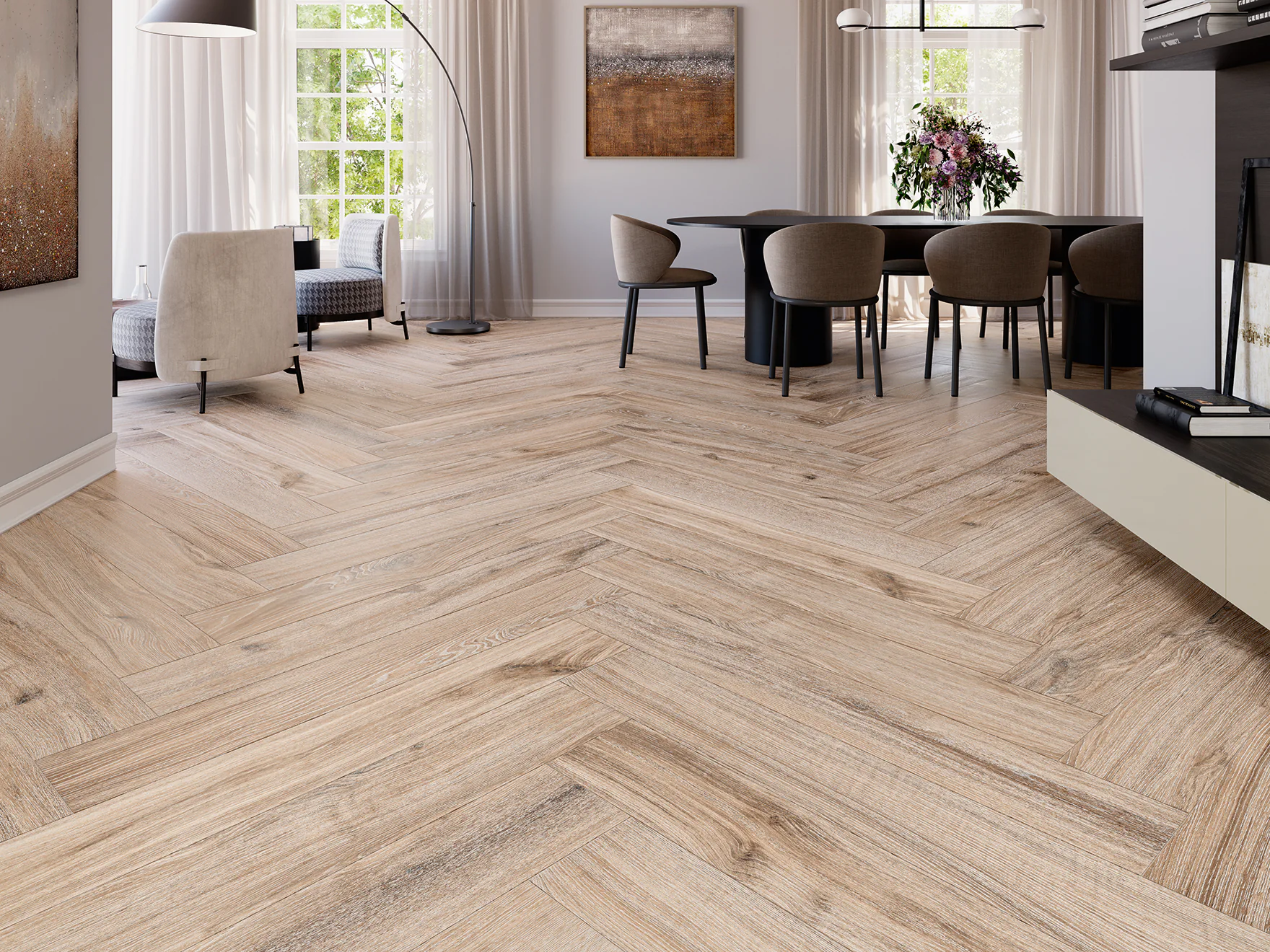 Navarti Dakaris Golden 20×120 houtlook planken in visgraat in een woonkamer
