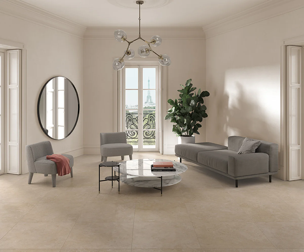 Saime Avalon Blanc vloertegels in een lichte woonkamer