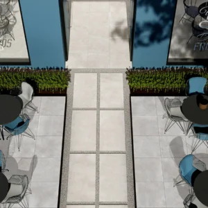 Saime Icon Ash 60×60 en Almond 60×120 terrastegels 2 cm op een terras