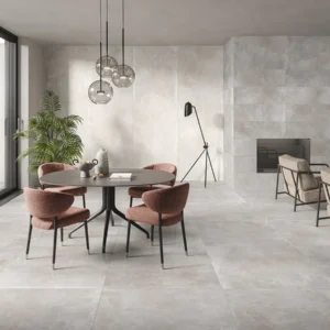 Saime Icon Almond 90×270 wandplaten en Taupe 90×90 vloertegels in een eetkamer