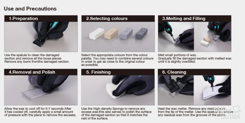 Plan par étapes d'un kit de réparation pour carrelage: préparation, choix de la couleur, fusion de la cire et remplissage