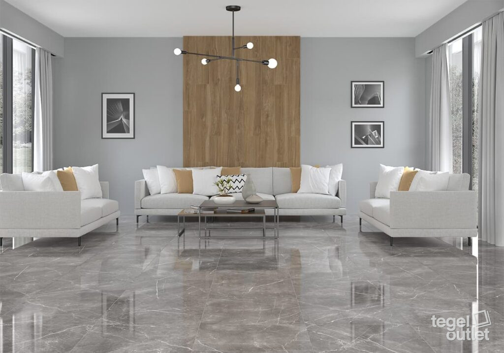Salon avec un sol en carreaux polis gris effet marbre de 60x60
