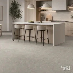 Sfeerbeeld (illustratie): woonruimte of badkamer met tegels in grijs