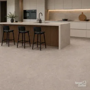 Sfeerbeeld (illustratie): woonruimte of badkamer met tegels in bruin en grijs