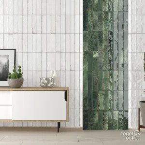 Asly White en Green – leefruimte Ecoceramic Asly White en Green glanzende wandtegels in een leefruimte