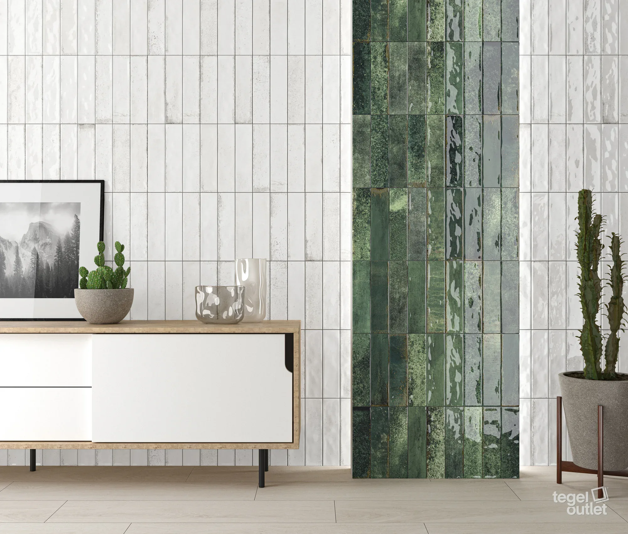 Ecoceramic Asly White en Green glanzende wandtegels in een leefruimte