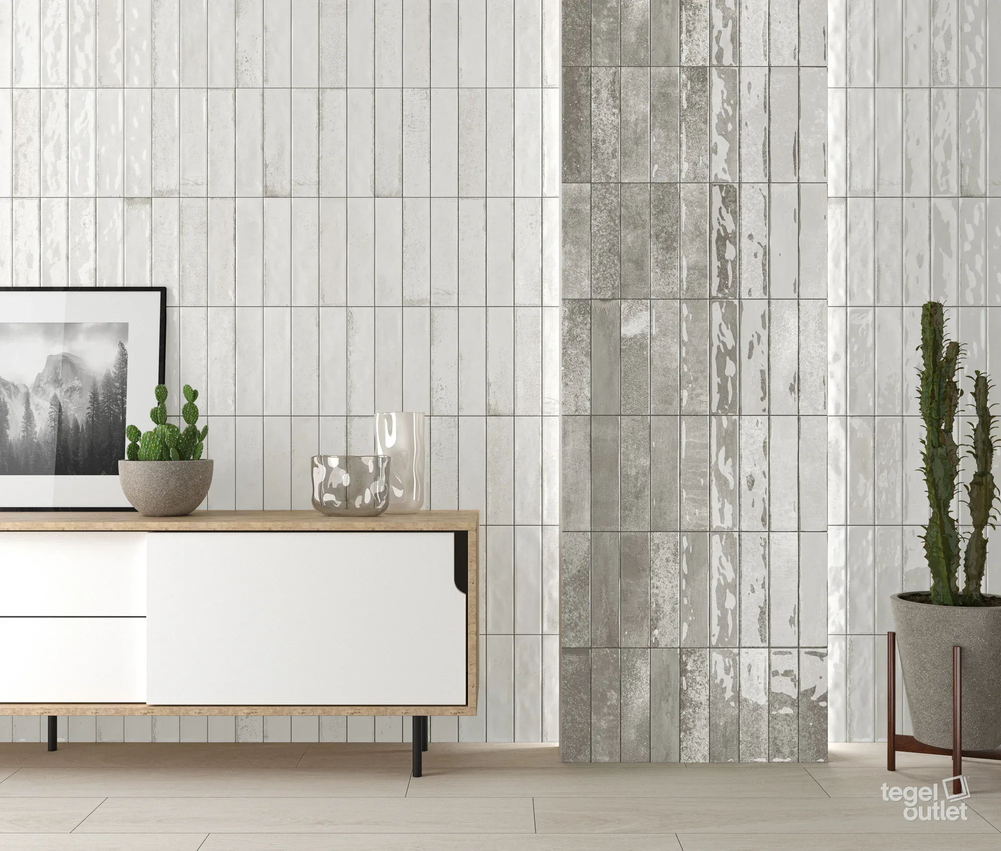 Ecoceramic Asly White en Grey glanzende wandtegels in een leefruimte