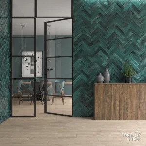 Ecoceramic Asly Blue glanzende wandtegels in visgraat