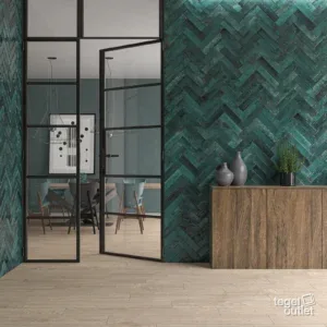 Ecoceramic Asly Blue glanzende wandtegels in visgraat