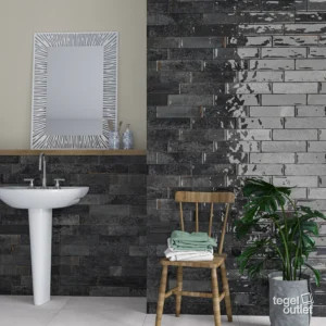 Ecoceramic Asly Black glanzende wandtegels in een badkamer