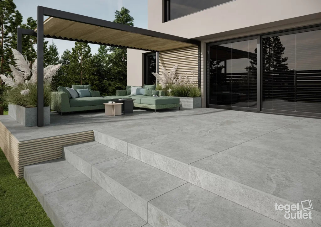 Terras met grijze keramische terrastegels Authority Grey 60×60×2