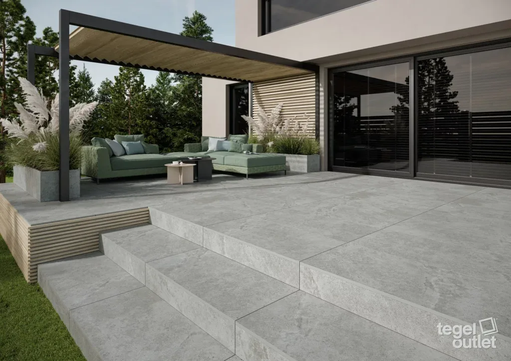 Terrasse avec carreaux de céramique gris Authority Grey 60×60×2