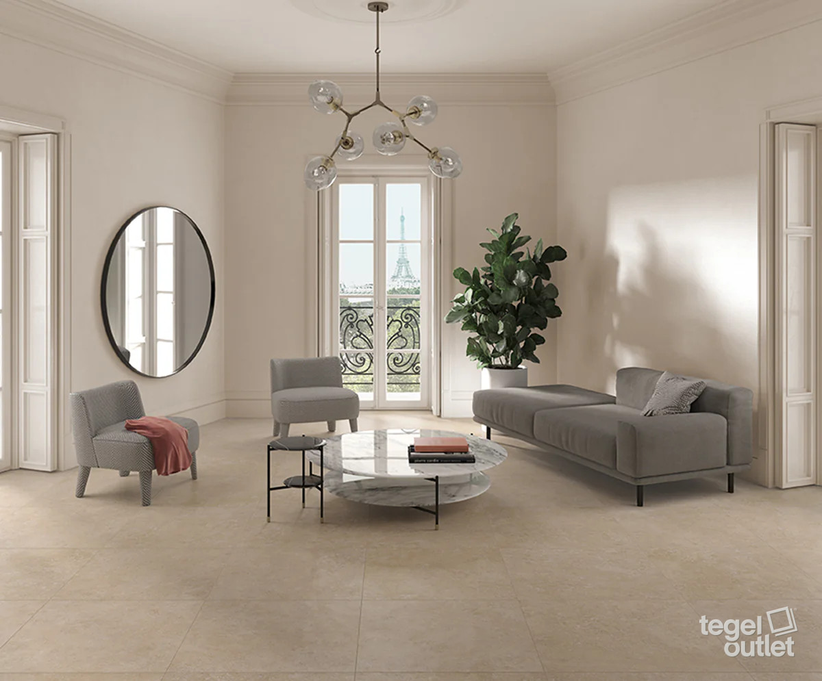 Saime Avalon Blanc vloertegels in een lichte woonkamer