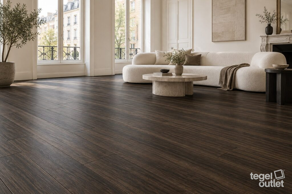 Carreaux de sol effet bois brun foncé Belice Carbon 26x180 dans un salon spacieux