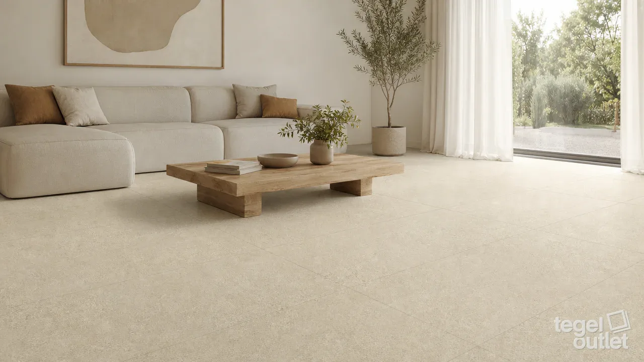 Sfeerbeeld (illustratie): woonruimte of badkamer met tegels in beige