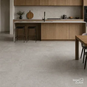 Sfeerbeeld (illustratie): open keuken met een vloer in lichtgrijze tegels