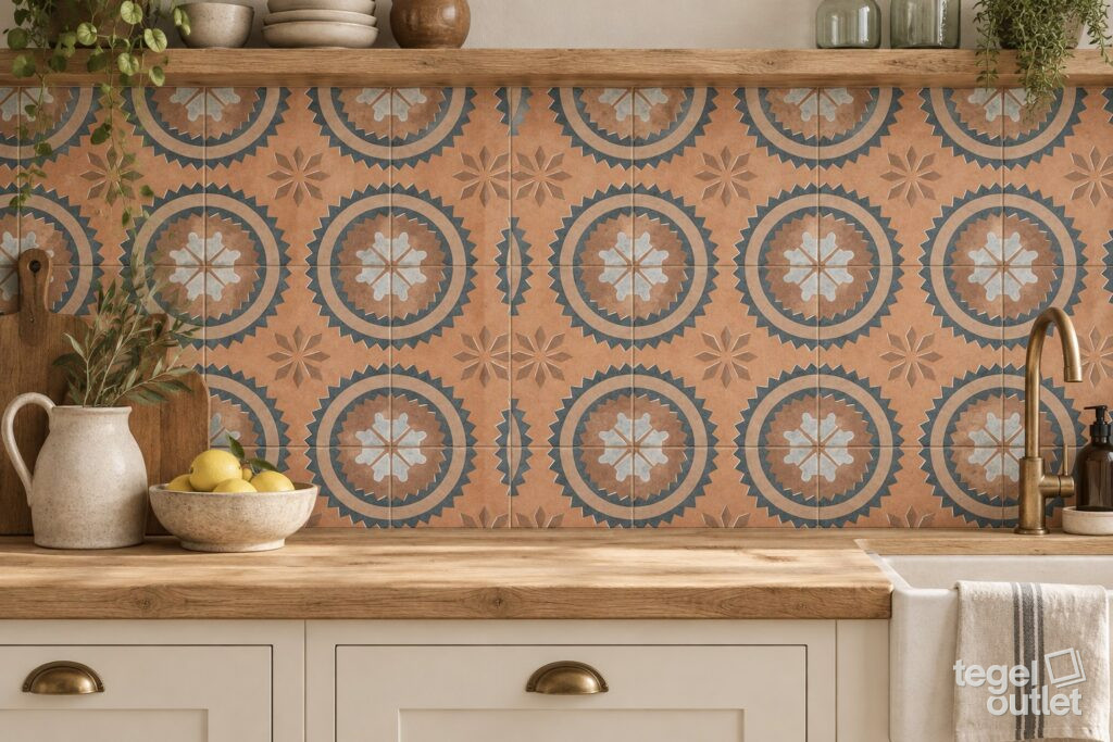 Carreaux décoratifs couleur terracotta Canem Terra Decor 20x20 en crédence dans une cuisine de style rustique