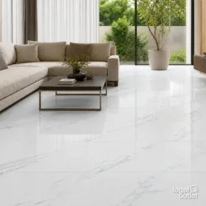 Sfeerbeeld (illustratie): elegante woonkamer met een glanzende vloer in witte marmerlooktegels