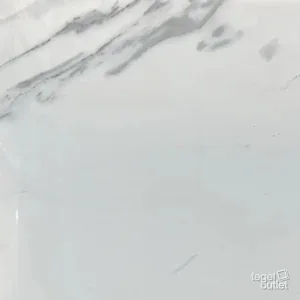 Carrara White Poli 60x60: één glanzende tegel met een witte ondergrond en grijze marmeraders, recht van boven