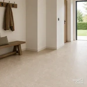 Sfeerbeeld (illustratie): woonruimte of badkamer met tegels in beige