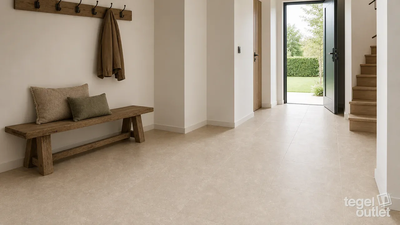 Sfeerbeeld (illustratie): woonruimte of badkamer met tegels in beige