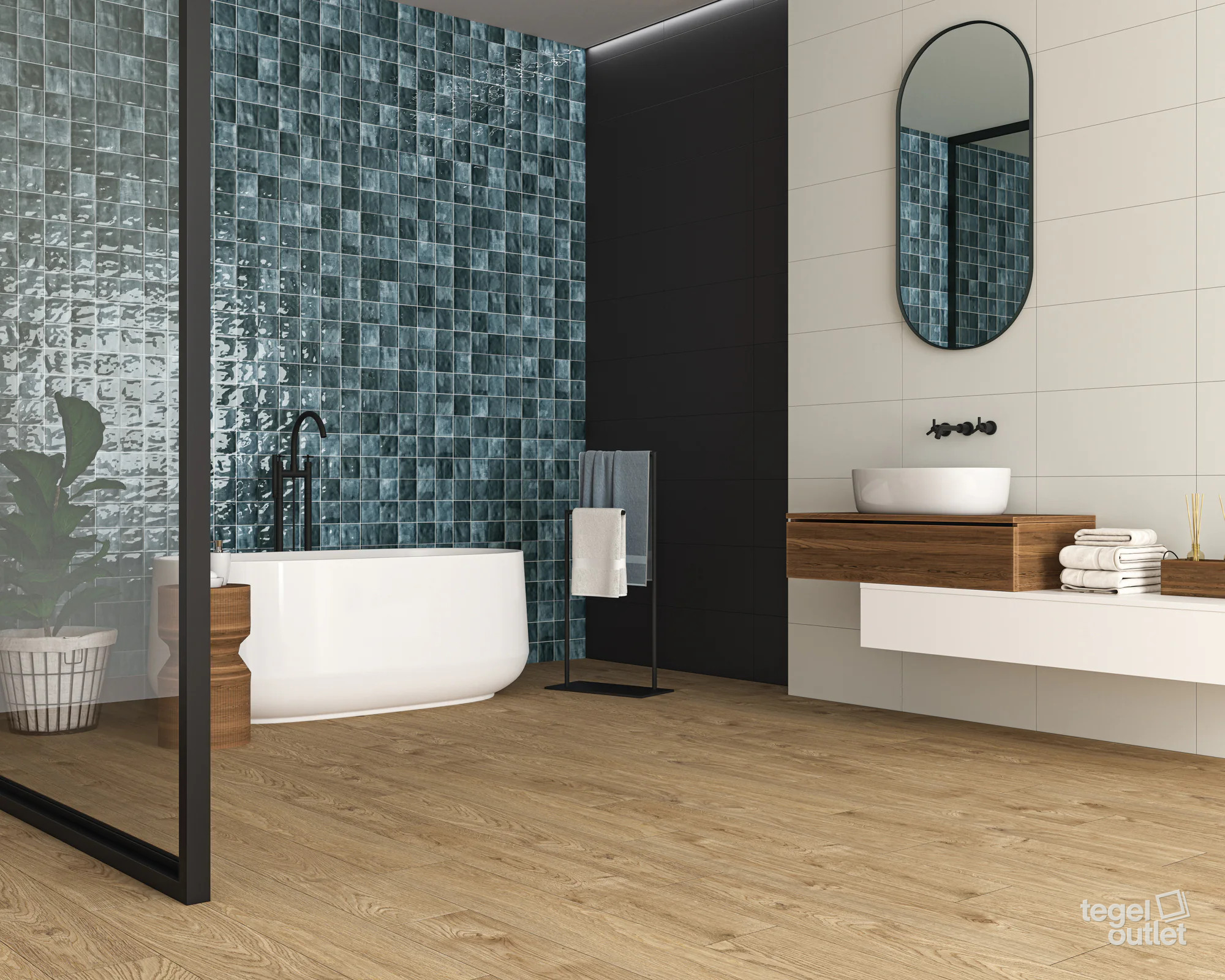 Ecoceramic Cool Blue glanzende wandtegels met reliëf van vierkante tegeltjes in een badkamer