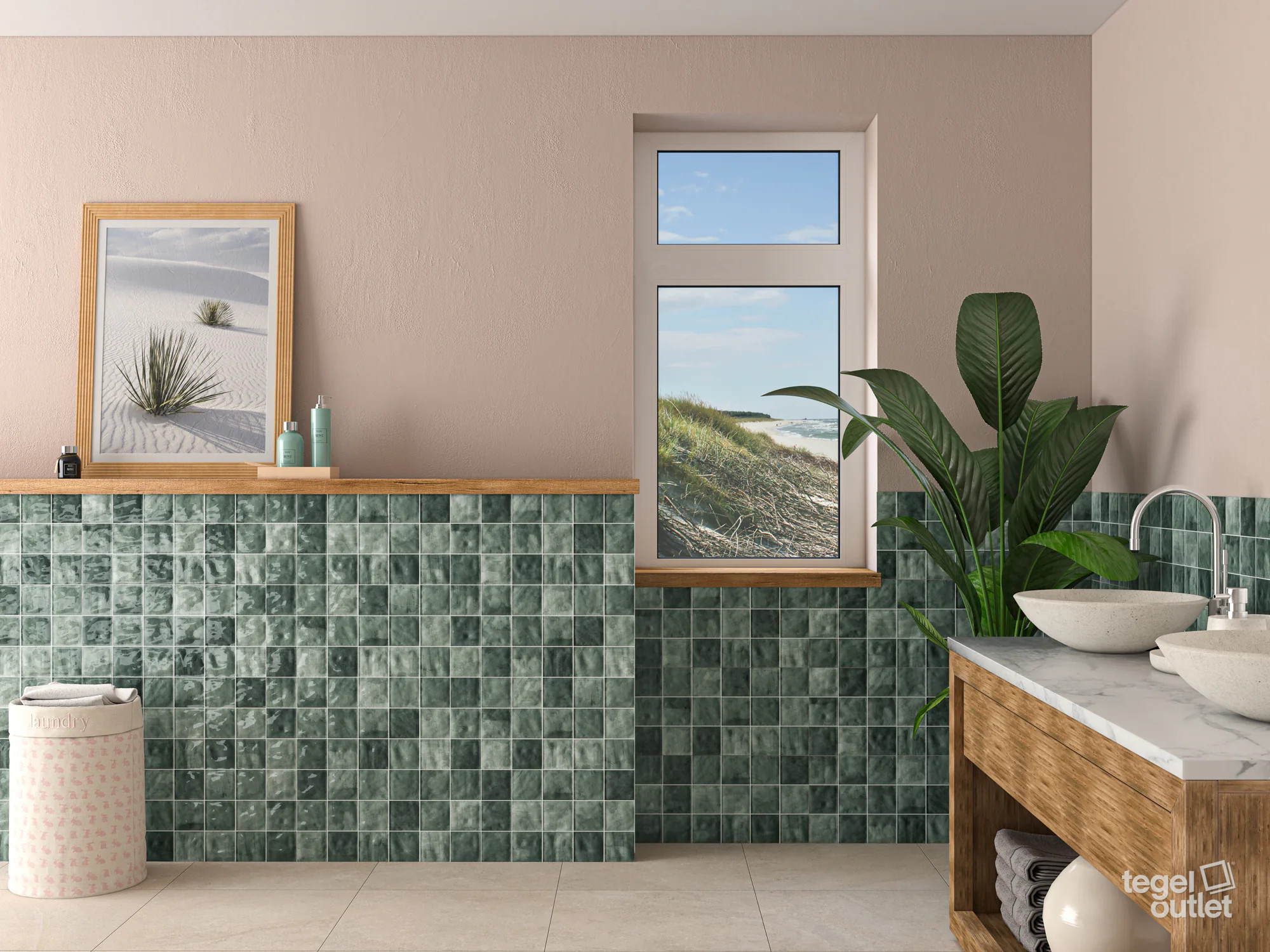 Ecoceramic Cool Green glanzende wandtegels met reliëf van vierkante tegeltjes in een badkamer