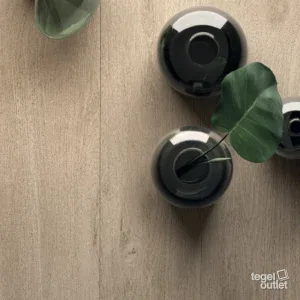 Sfeerbeeld: de houtvloer Cozy Honey 20x120 van boven gezien, met vazen en een plant