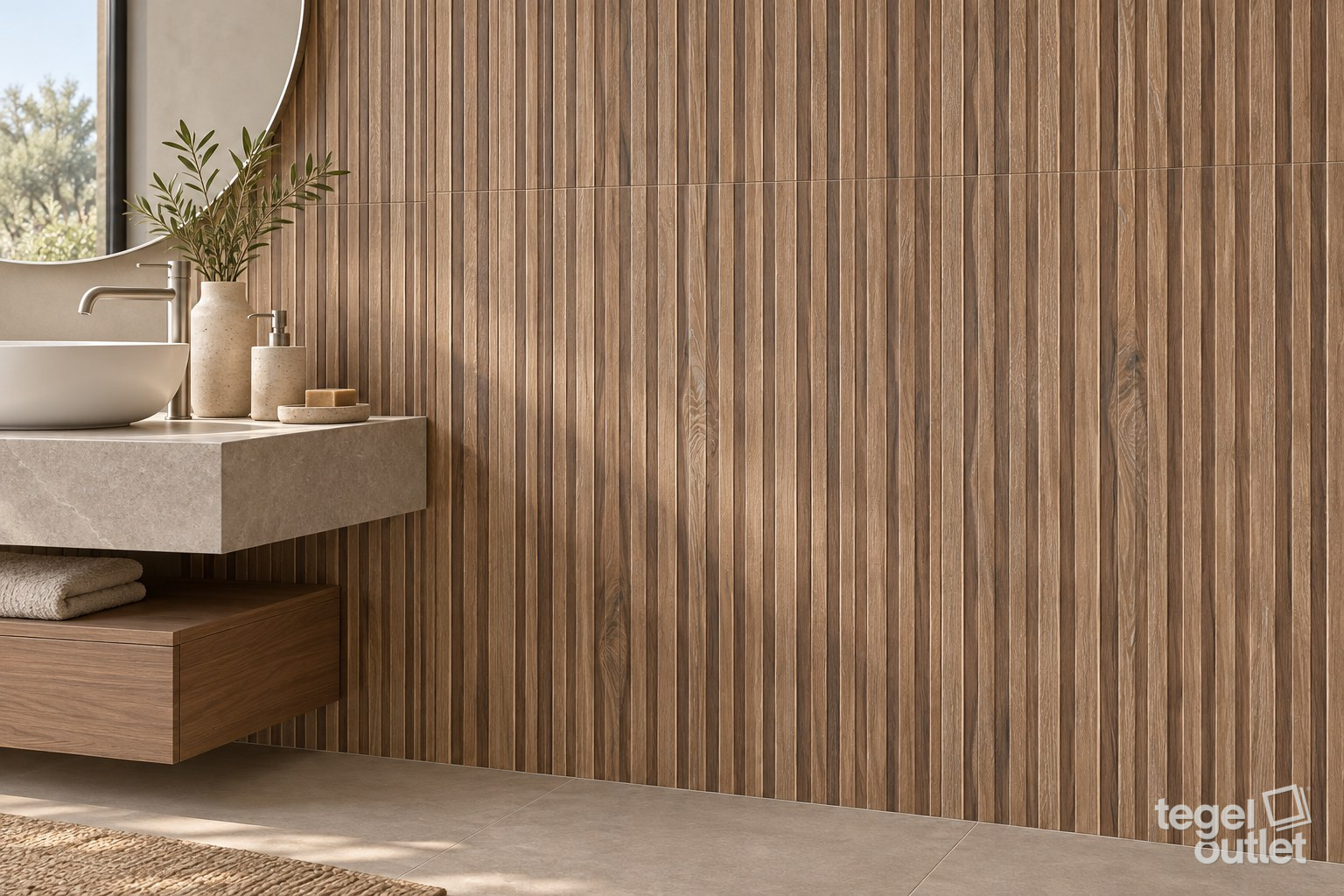 Sfeerimpressie met Dakaris Nut Reliëf 60×120 · badkamer