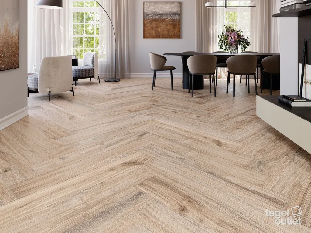 Salon avec des carreaux effet bois Navarti Dakaris Golden 20×120 posés en bâtons rompus