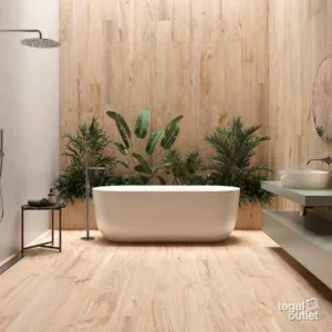 Navarti Dakaris Golden vloer 20×120 en reliëfwand 60×120 in een badkamer