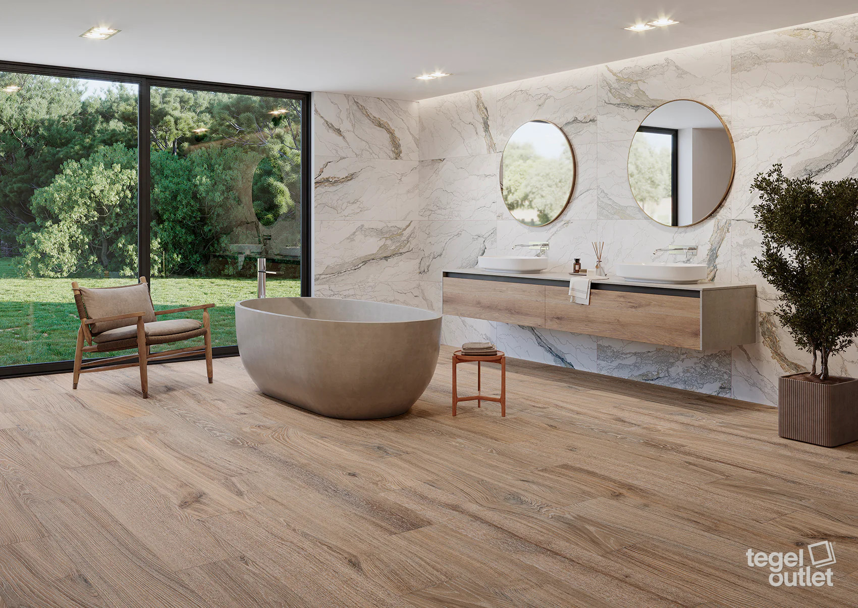 Navarti Dakaris Nut 20×120 houtlook vloer in een badkamer