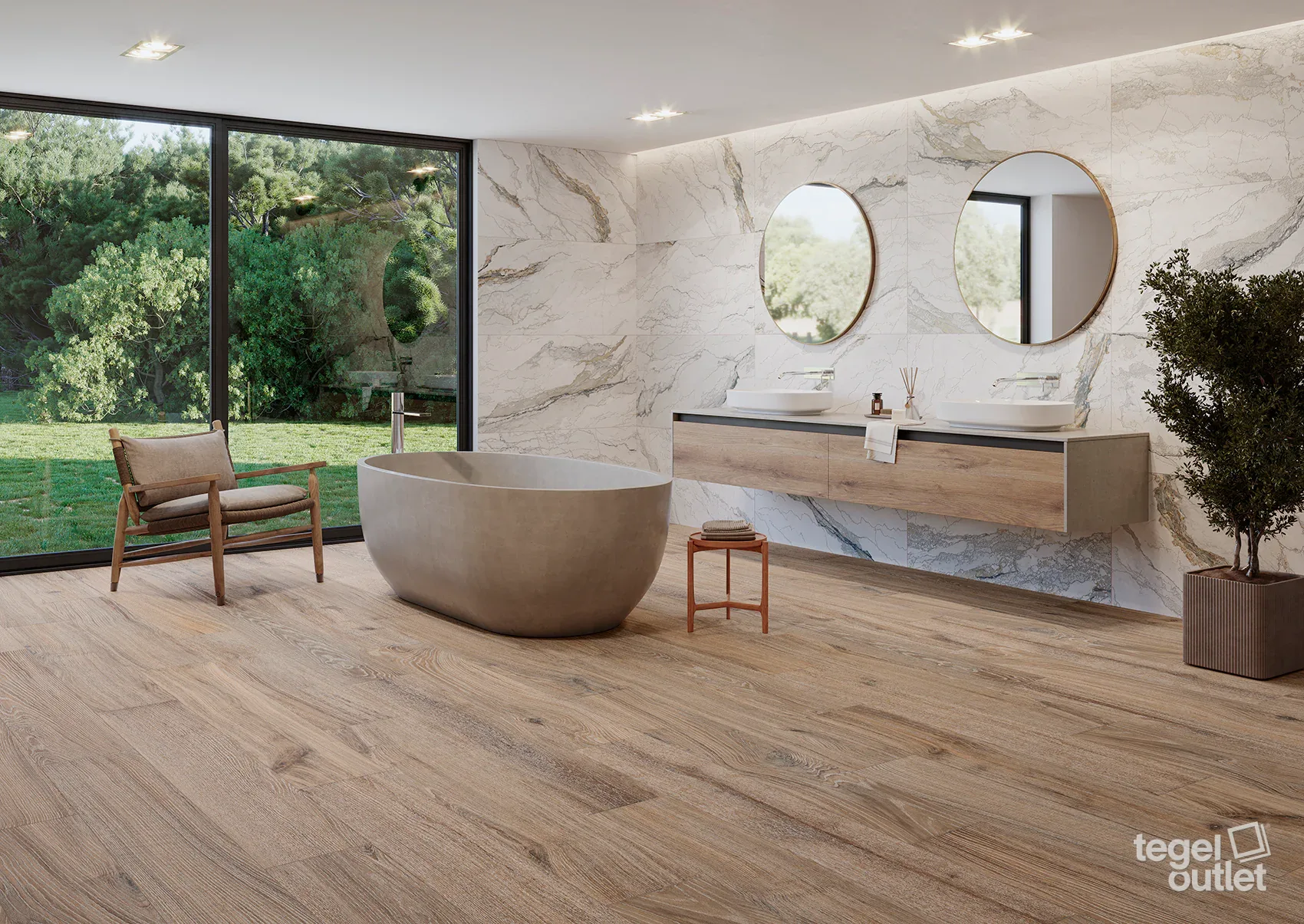 Sol effet bois Navarti Dakaris Nut 20×120 dans une salle de bains