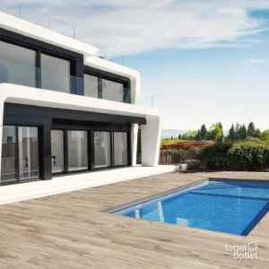 Terrasse effet bois Navarti Deck Roble 20×120 près d'une villa moderne