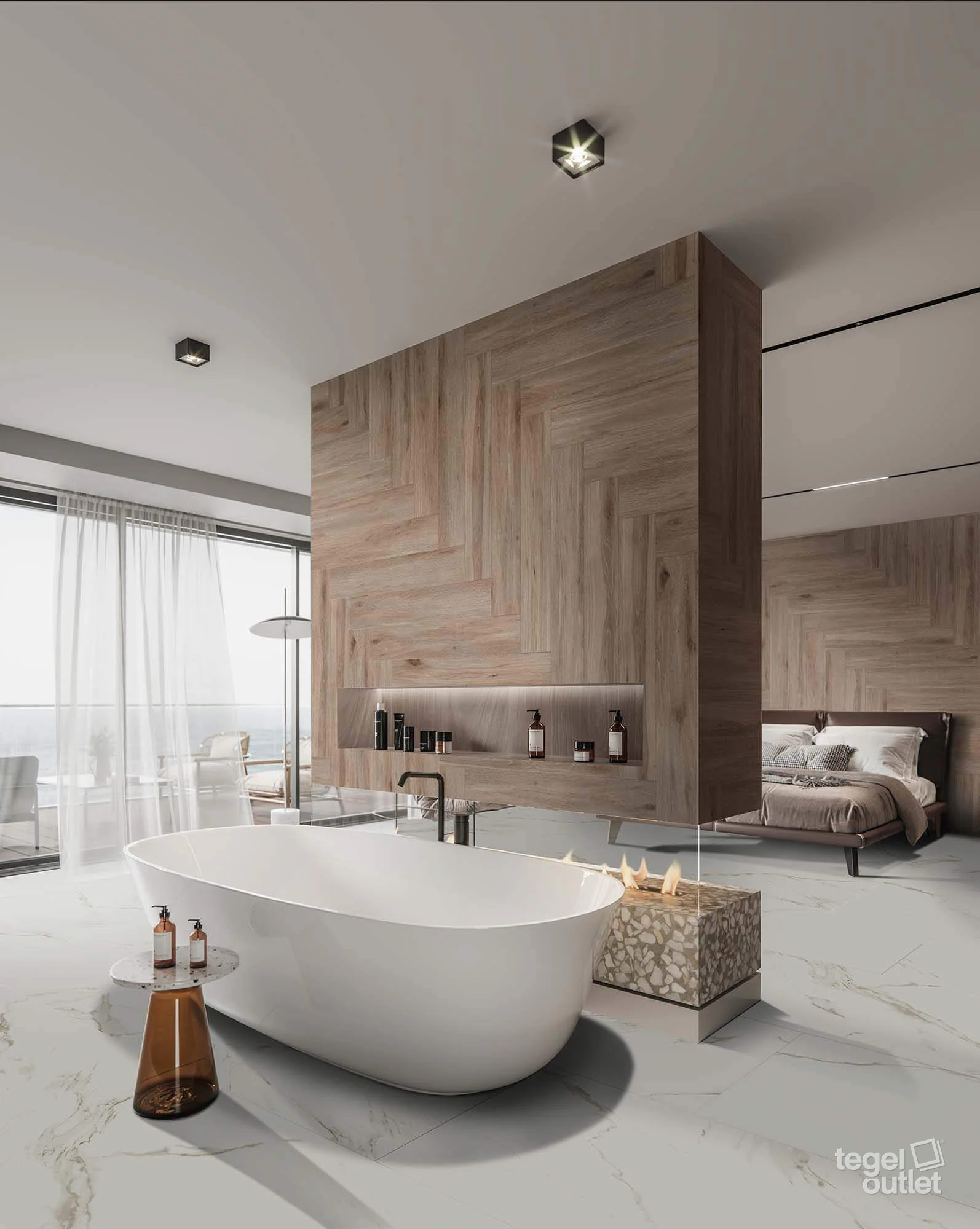 Navarti Deck Roble 20×120 houtlook wand in een badkamer