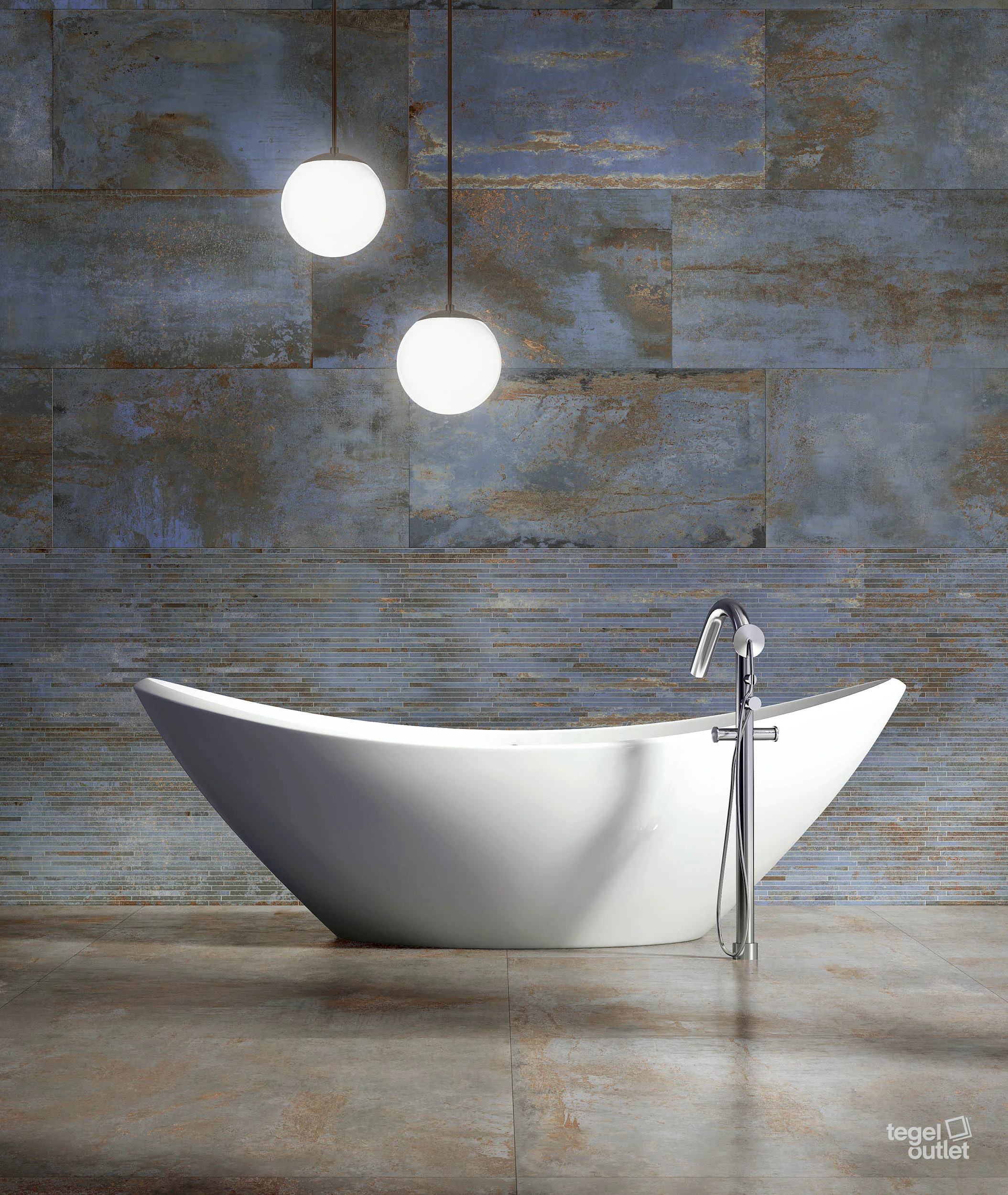 Energieker Flatiron Blue 30×60 wand met mozaïek en Flatiron White 80×80 vloer in een badkamer