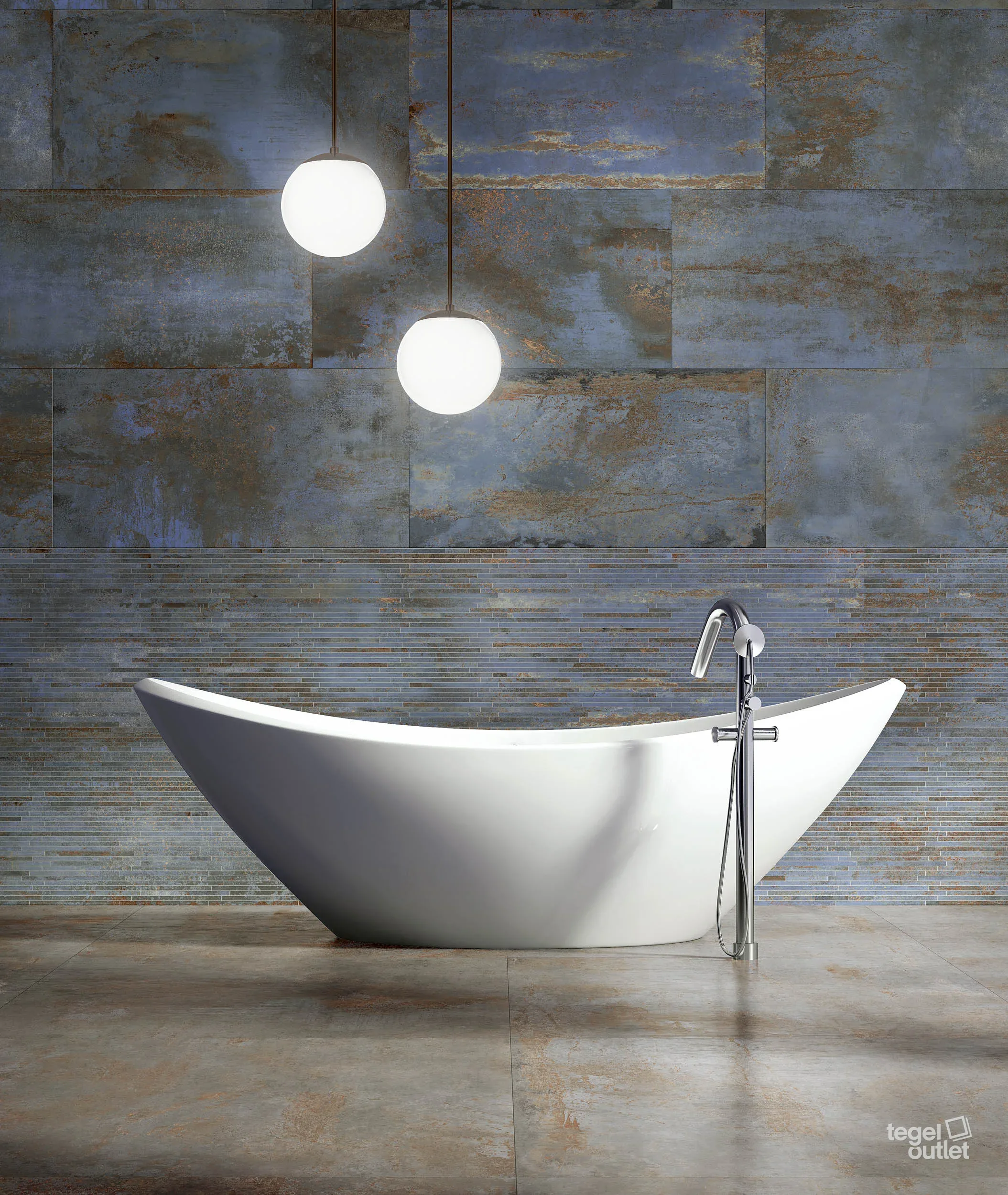 Mur Energieker Flatiron Blue 30×60 avec mosaïque et sol Flatiron White 80×80 dans une salle de bains